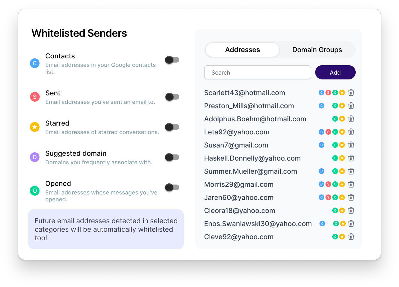 Whitelisted Senders Screen