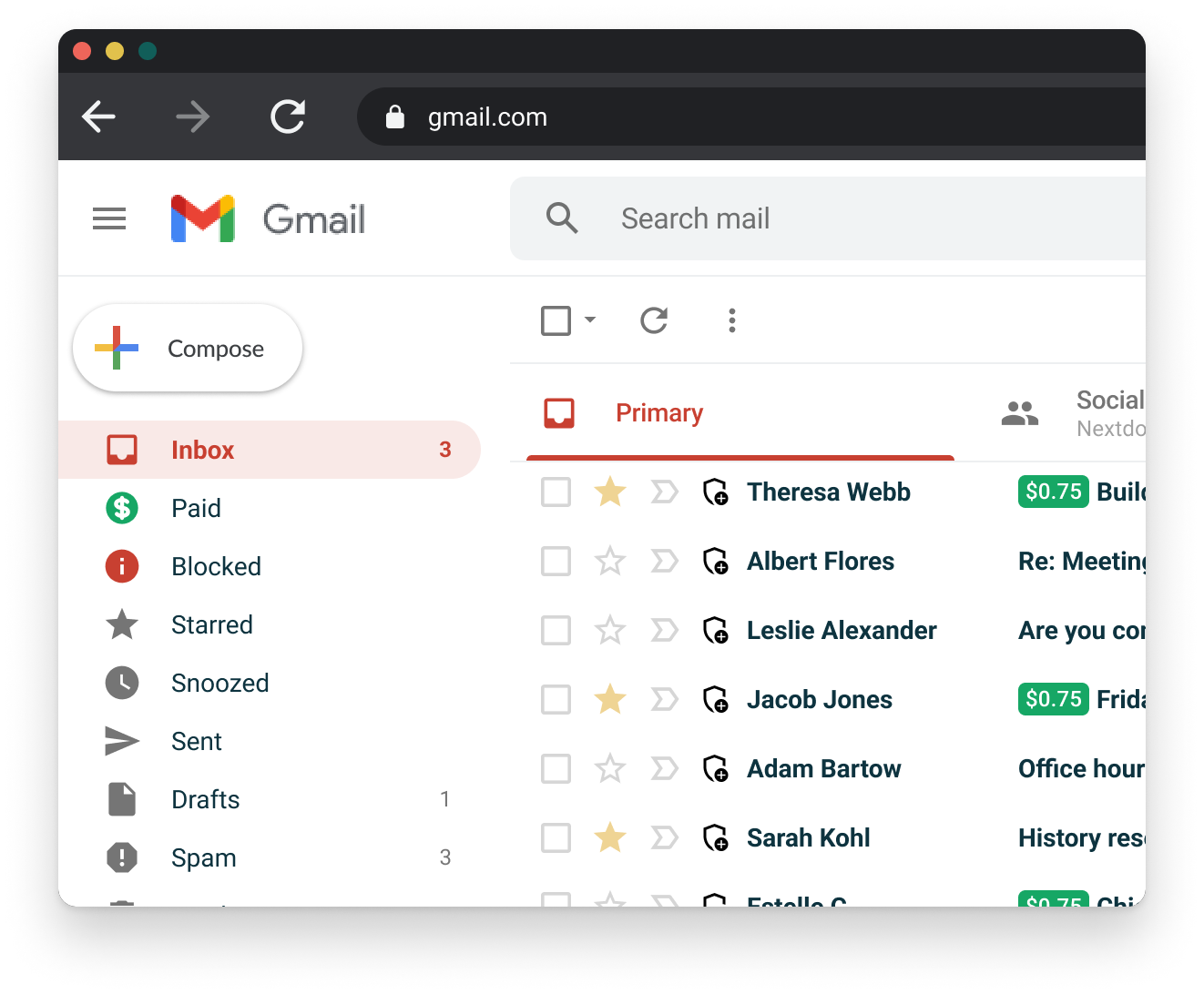 Gmail UI with MailWall modifications